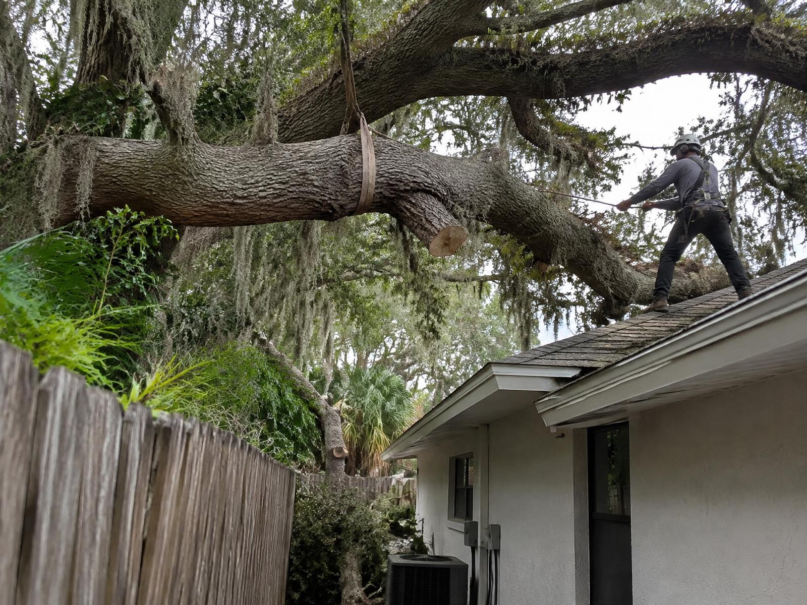 Heavy oak limb rigged down over a Tampa home's roof